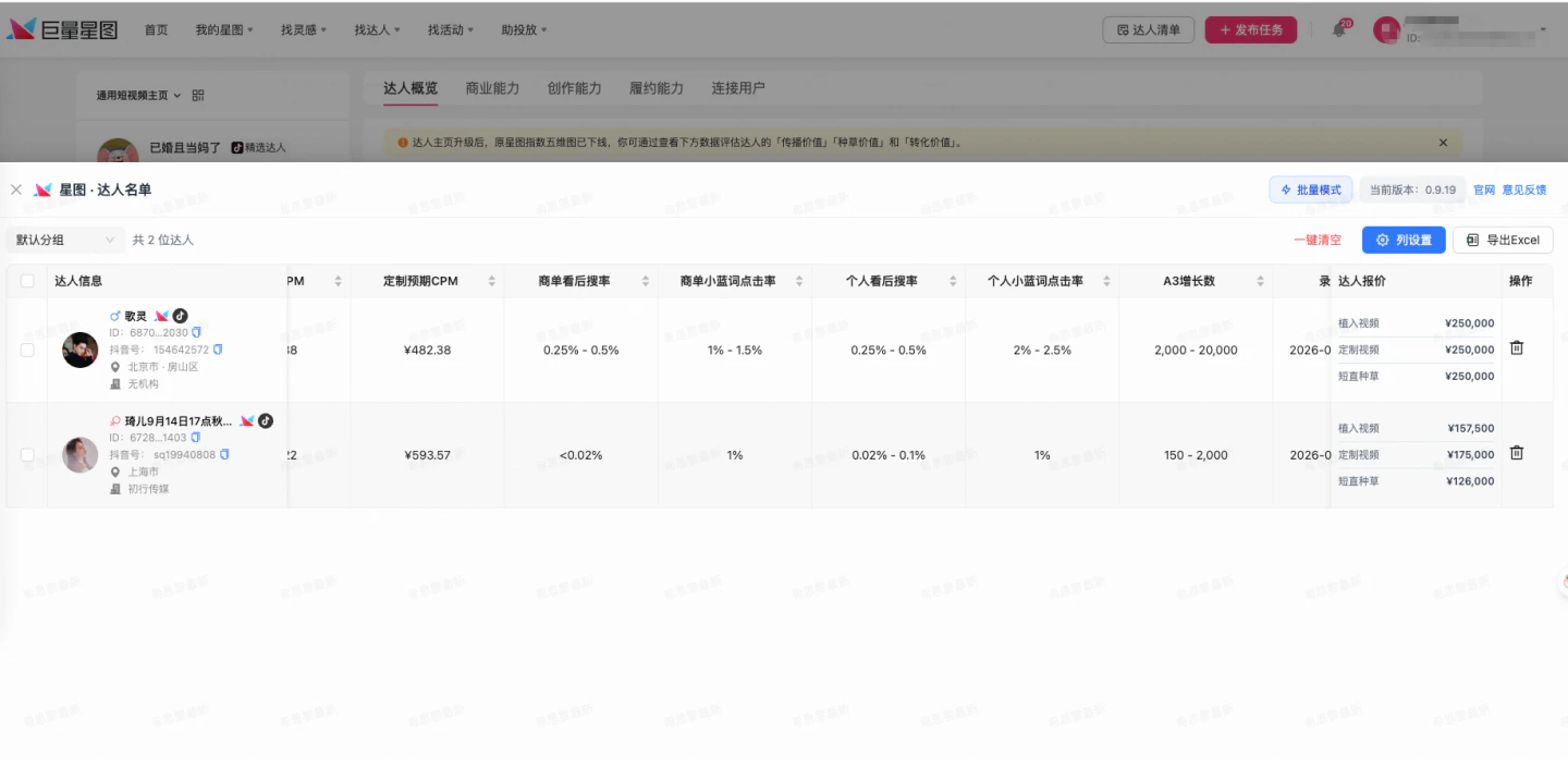 星图达人名单中的个人与商单看后搜率、小蓝词点击率、A3增长数和达人报价